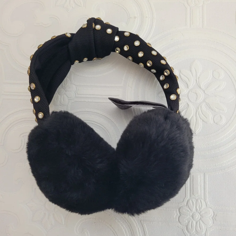 Vince Camuto Earmuffs Black Embellished Studded‎ Knot Faux Fur One Size Cozy